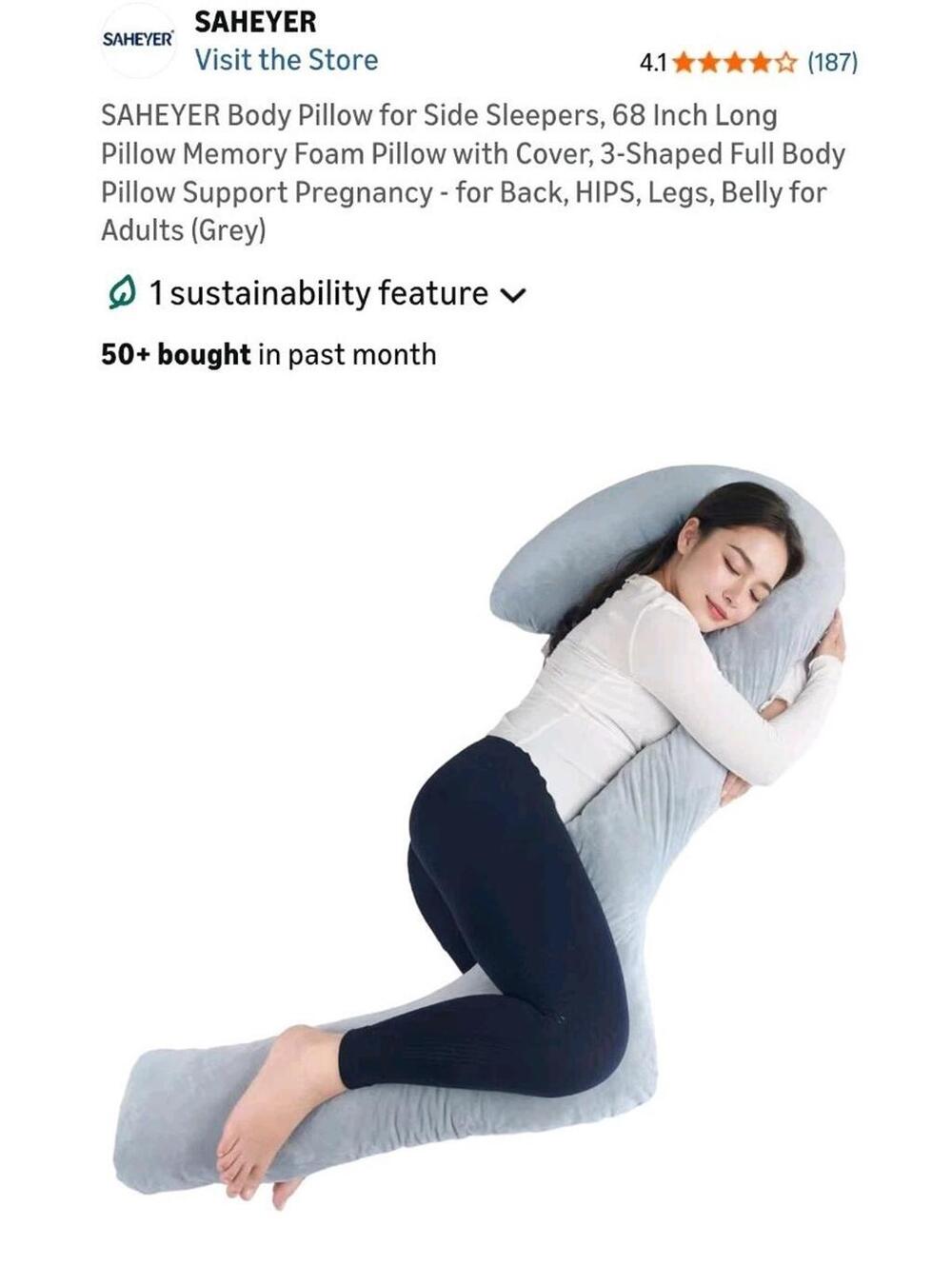 SAHEYER Body Pillow for Side Sleepers, 68 Inch Long Pillow Memory Foam Gray NIB